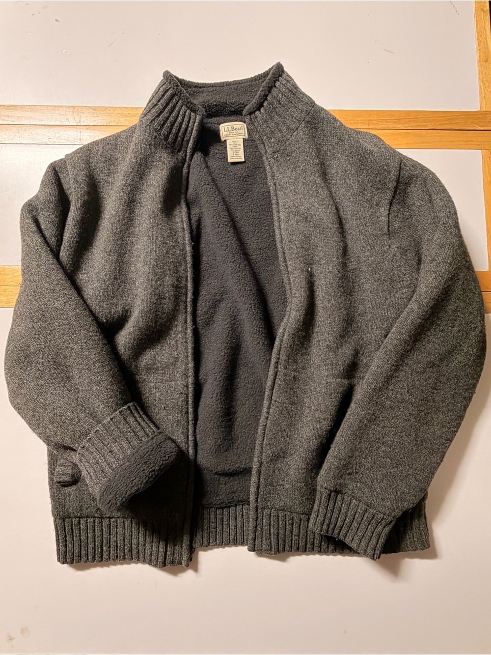 L.L. Bean Men's Dark Charcoal Gray Zip-Up Wool Blend Fleece Lined Sweater Jacket
